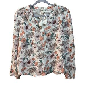 2/$30 Lucky Brand Blouse Womens Medium White Floral Print Tassel Boho Peasant